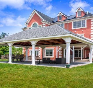 20x36 Vinyl Pavilion, Montford style, 8x8 post, pewter gray shingles, natural wood interior ceiling