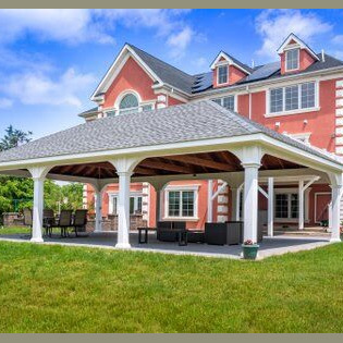 20x36 Vinyl Pavilion, Montford style, 8x8 post, pewter gray shingles, natural wood interior ceiling