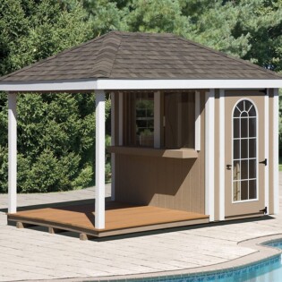 8x10 SmartSide tiki bar,17 lite fiberglass door, composite decking, hip roof 8x10 SmartSide tiki bar,17 lite fiberglass door, composite decking, hip roof