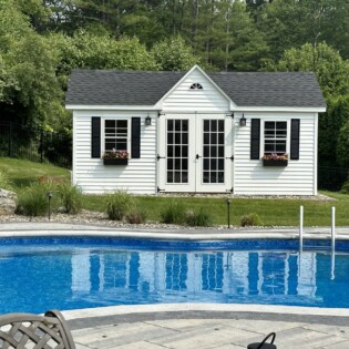 12x20 7'gable dormer cottage, 15 lite french doors, half round glass in dormer, window boxes