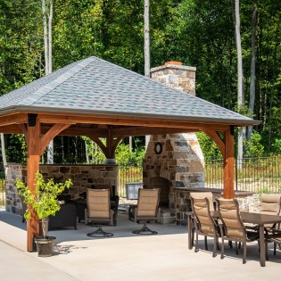 16x20 Cheyenne; Jarrah Brown; Williamsburg Slate; Dk. Bronze Gutters; Fireplace